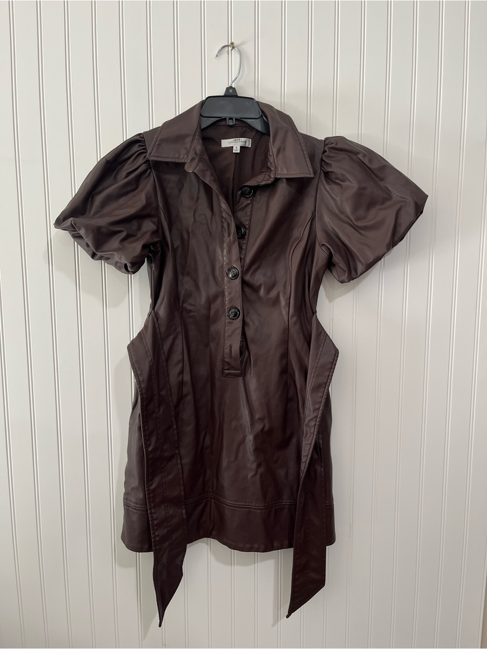 Puff-Sleeve Faux Leather Mini Dress in Dark Brown - Picture 6 of 8